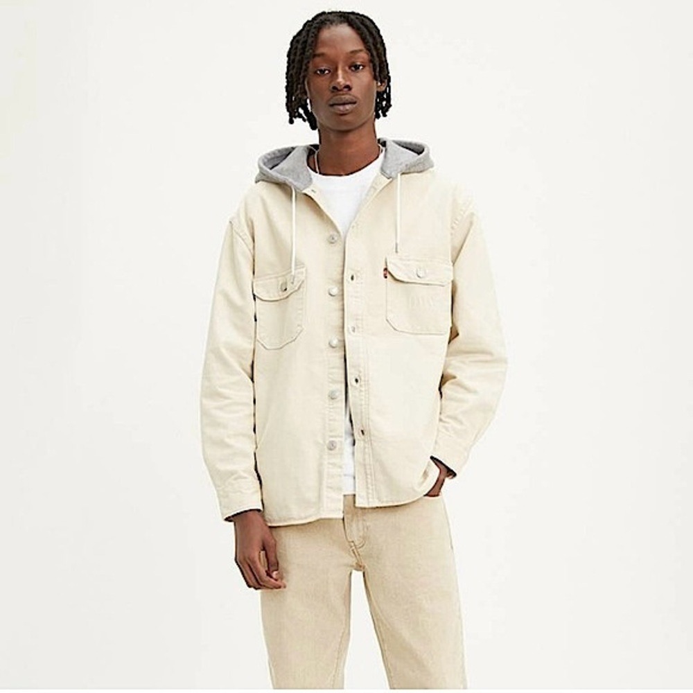 Levi's Hooded Jackson Overshirt Heavyweight Jean Jacket, Beige Sand, Size L, NWT